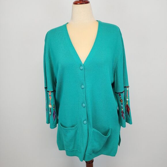 Bob Mackie Wearable Art Cardigan Sweater Size XL Green Dreamcatcher Embroidered - Picture 1 of 16